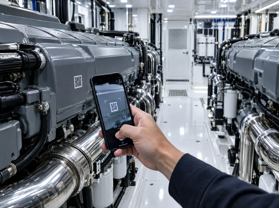 A crew member scans a QR code on a yacht's diesel engine with a phone