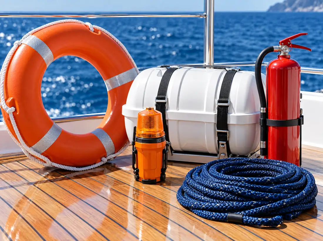 Life ring, life raft canister, emergency beacon and fire extinguisher on a teak deck